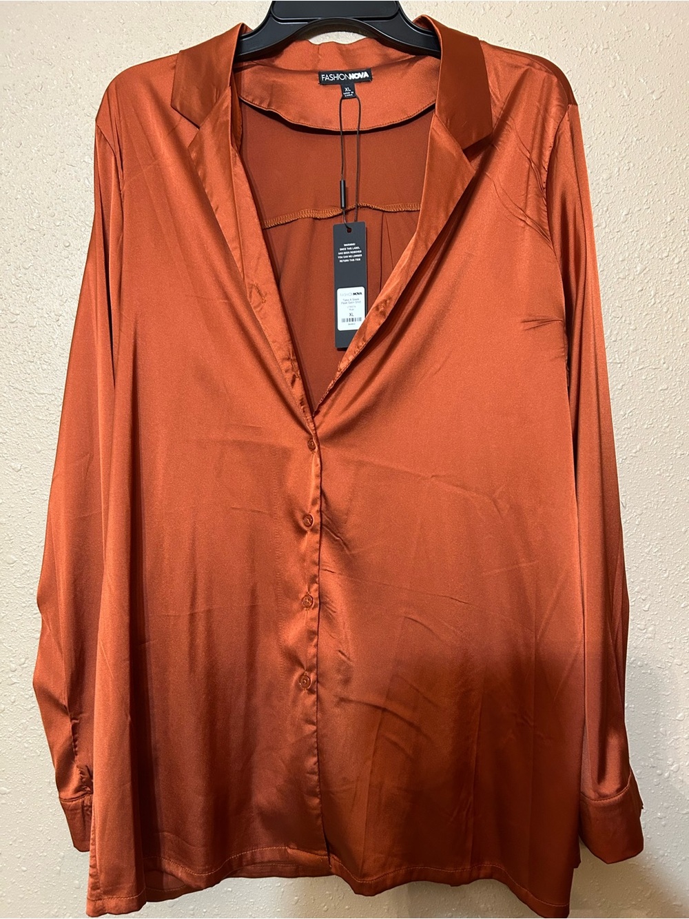 Fashion Nova Satin Button-Front Blouse in Rust Orange